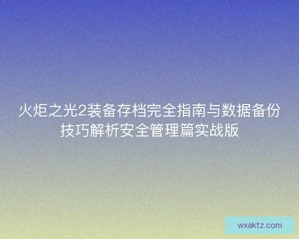 火炬之光2装备存档完全指南与数据备份技巧解析安全管理篇实战版